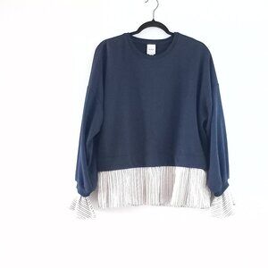 MAEVE ANTHROPOLOGIE striped trim twofer sweatshirt navy blue